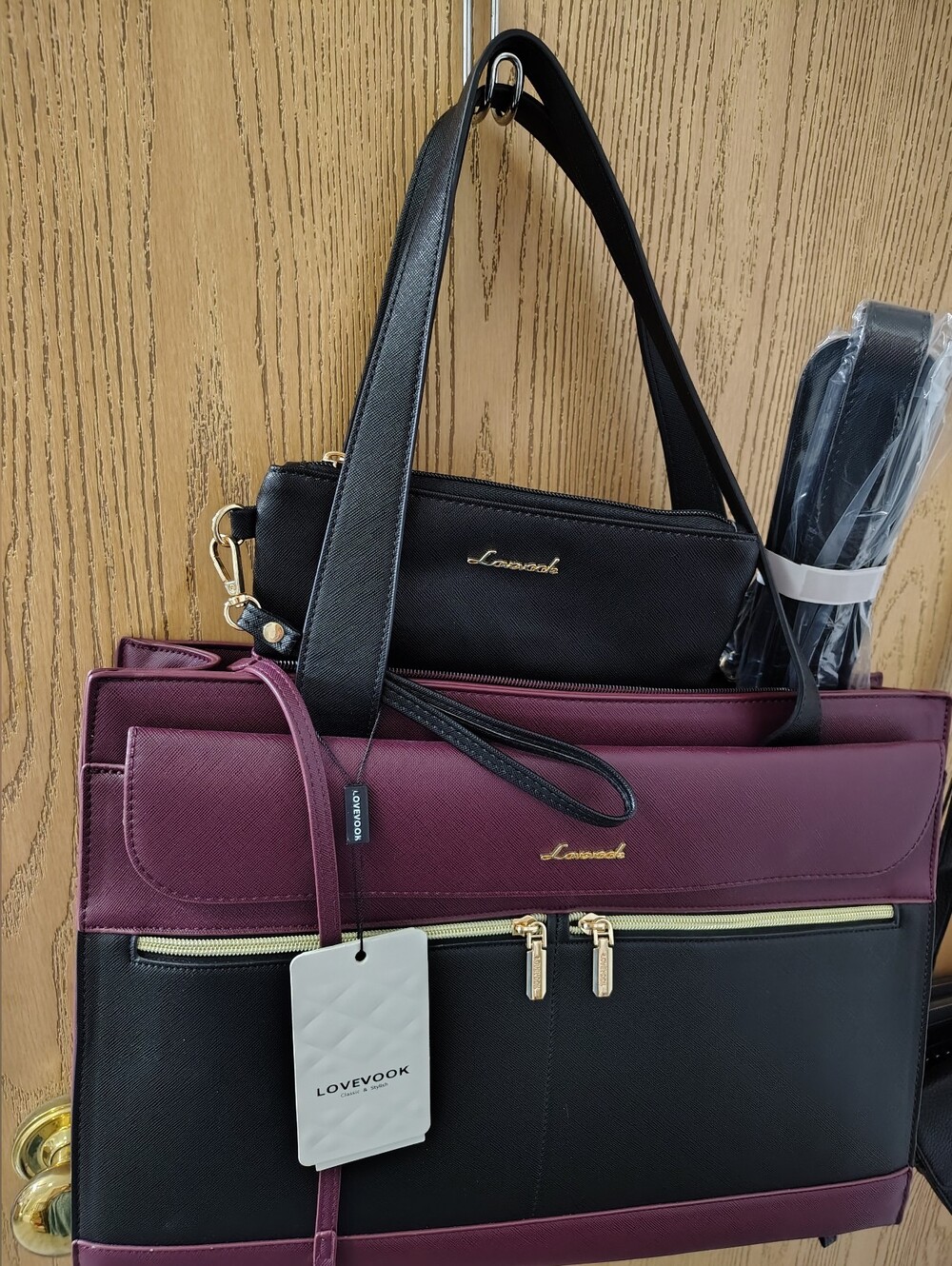 Lovevook Two-Tone Black & Plum Tote Bag with Gold Accents
